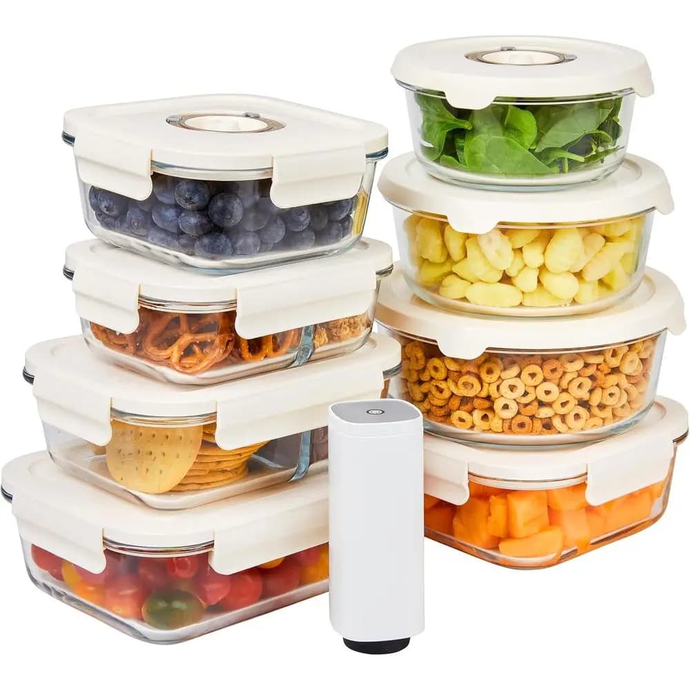 Set di 8 Contenitori in Vetro per Alimenti con Pompa d'Aria - Preserva la Freschezza, Senza BPA, Ermetici, Perfetti per Preparazione Pasti e Conservazione