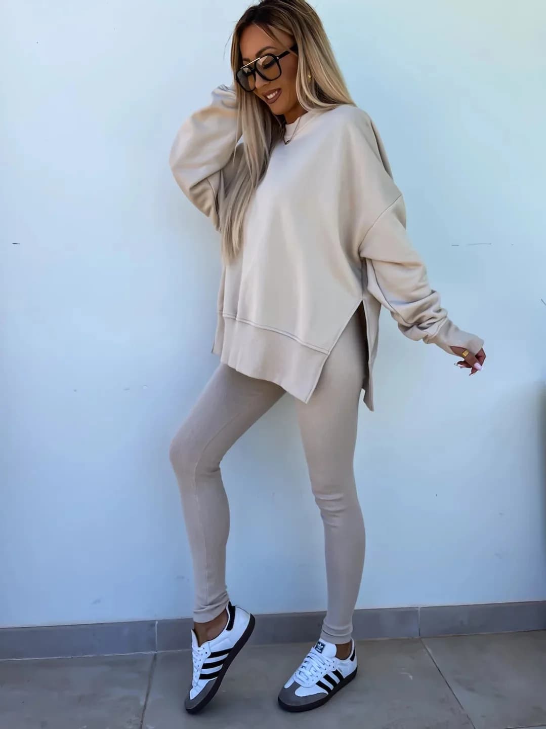 Women's long pants set two-piece sportswear solid color loose sports shirt split pullover pencil pants high street
