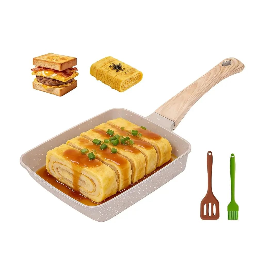 Padella Antiaderente per Tamagoyaki, Padella Giapponese per Uova, 6x7 Pollici, Padella per Omelette in Pietra Granitica Bianca Crema, Padella Rettangolare Senza PFOA con