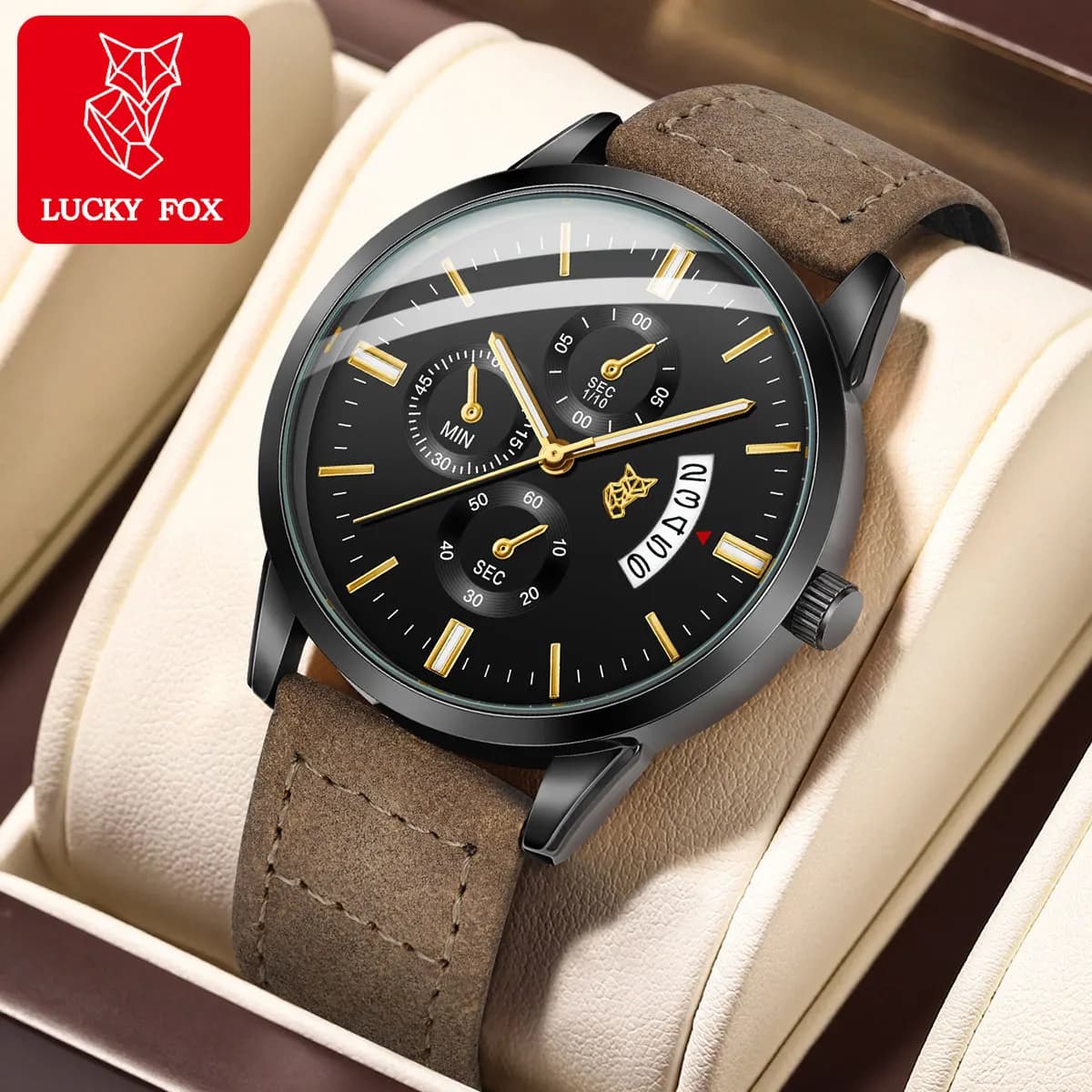LUCKY FOX Orologio minimalista da uomo: cinturino in pelle nera, quadrante sottile, movimento al quarzo, datario, orologio da polso casual e elegante
