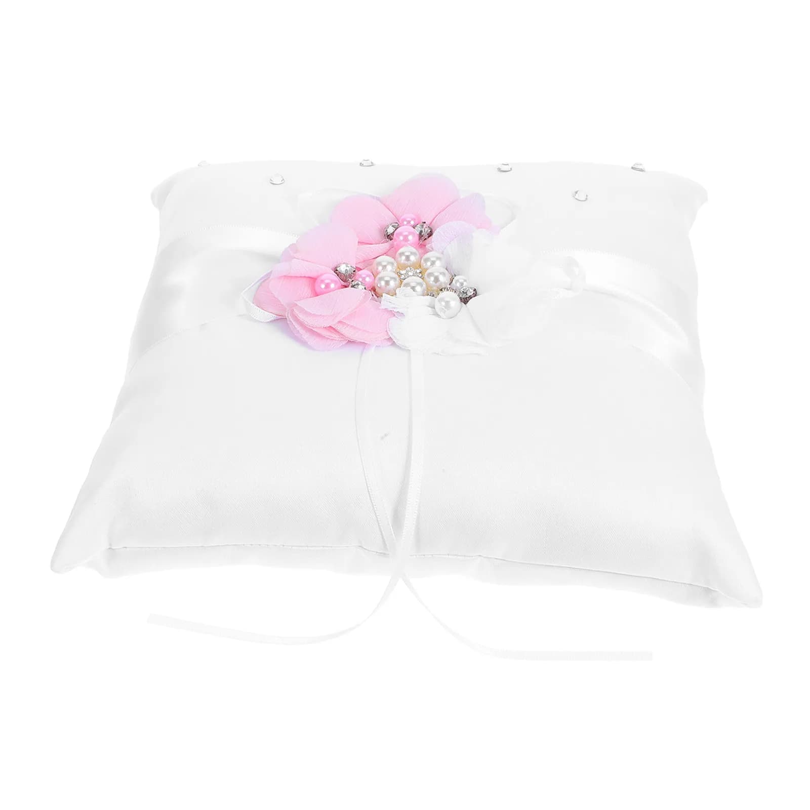20x20cm Sophisticated Ring Pillow Wedding Ceremony Pearl Flower Heart Ribbon Decor Light Weight Compact Design Ring Bearer