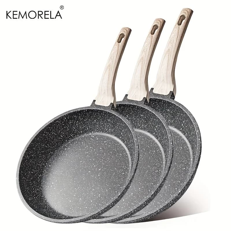 Set di 3 Padelle in Ceramica Antiaderenti per Cottura Sana di Omelette e Bistecche, Manico Resistente al Calore, Lavabili in Lavastoviglie