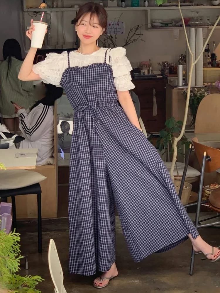 Tuta Elegante Vintage a Quadri con Cintura e Gamba Larga, Abbigliamento Femminile Chic con Design a Bretelle, Outfit Casual
