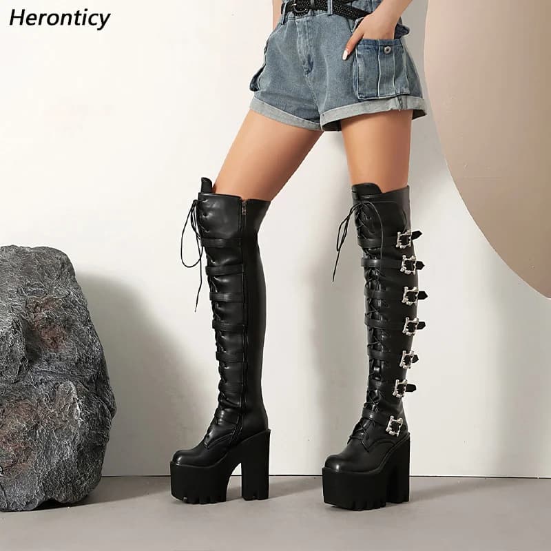 Heronticy Stivali con fibbia con tacco grosso personalizzati Calzature gotiche stringate in pelle verniciata nera da donna fatte a mano Taglia 36-44