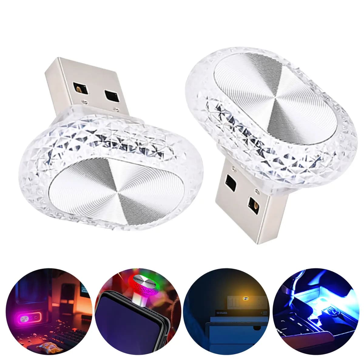 2PCS/Set Car Portable USB 5V RGB Ambient Light Transparent Oval Shape Night Light Auto Interior Plug And Play Decorative Lamp