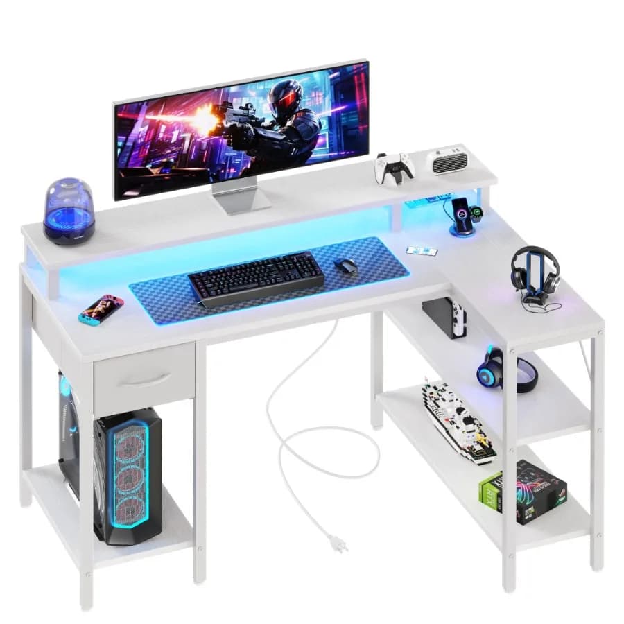 47 Inch L Shaped Gaming Desk with Power Outlet and LED Light Reversible Computer Desk with Shelves and Monitor Stand Corner Des