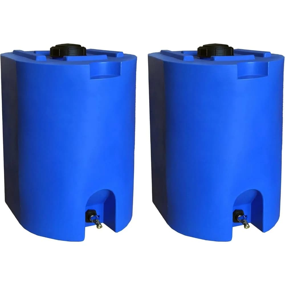 Set of 2 Stackable 55 Gallon Blue Plastic Tanks for Water Storage with Faucets, Portable Container for Emergency Hydration and Survival