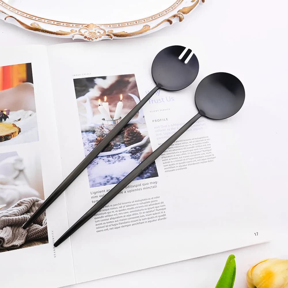 Cucchiaio per insalata da portata 2 pezzi Set di forchette per cucchiaio da insalata nero Set di posate con manico lungo Set di utensili da cucina in acciaio inossidabile Set per insalata per server