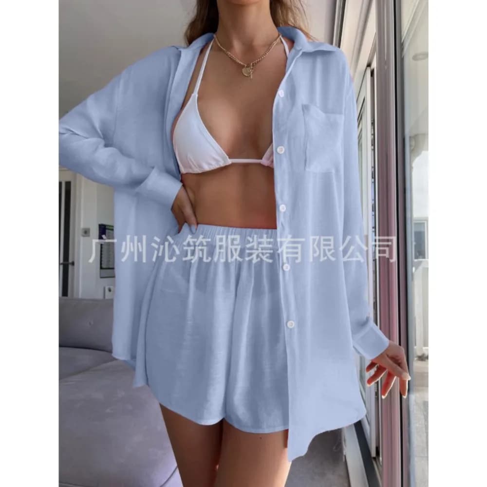 2026 Nuovi pantaloncini copricostume da spiaggia sexy Set da 2 pezzi Moda donna Camicia da spiaggia allentata con protezione solare Abito da vacanza casual Bikini Cover-upo