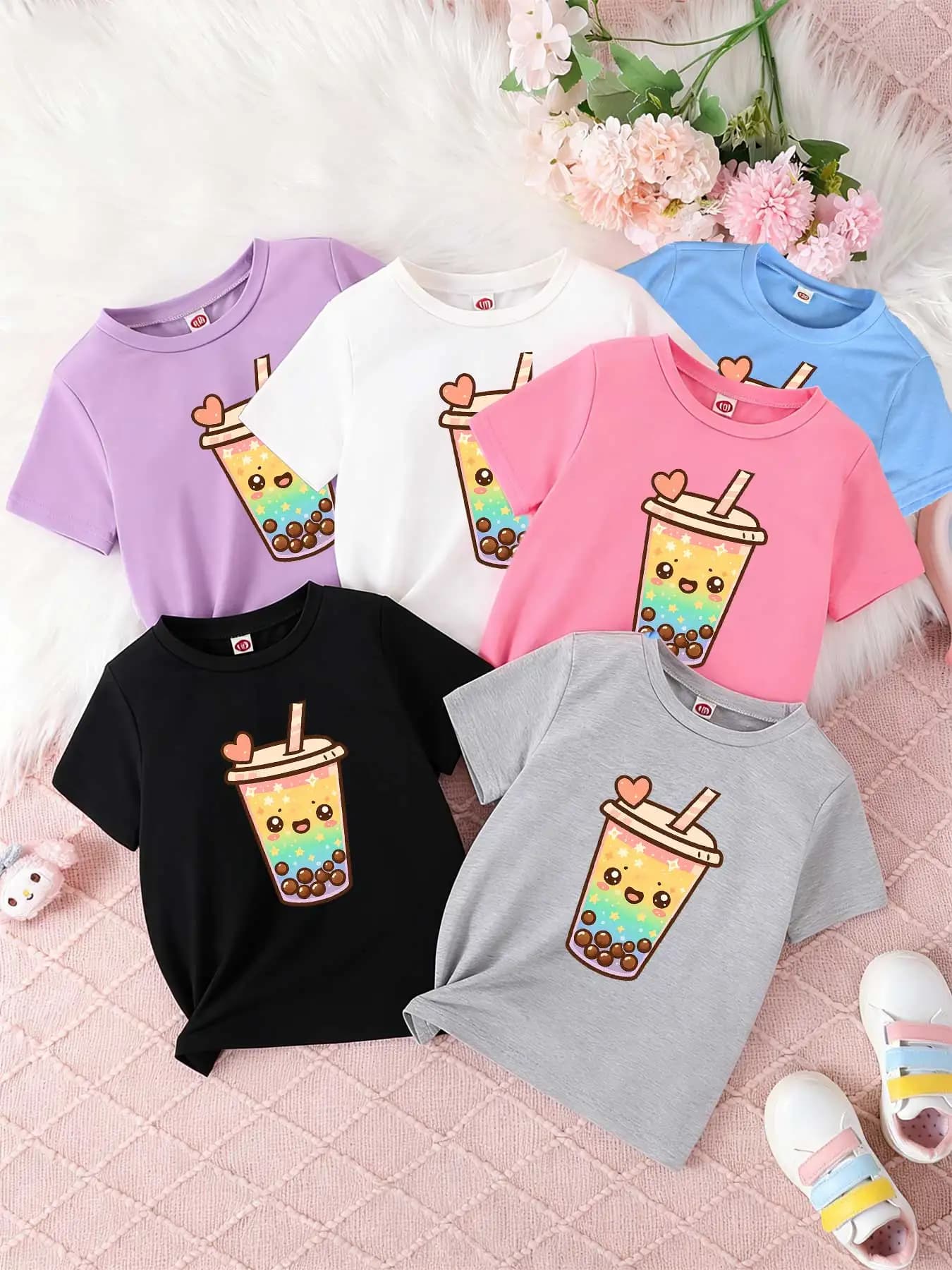 T-shirt a maniche corte per bambini e bambine, larghe e traspiranti, kawaii boba tea, rainbow boba, cute boba, bubble tea