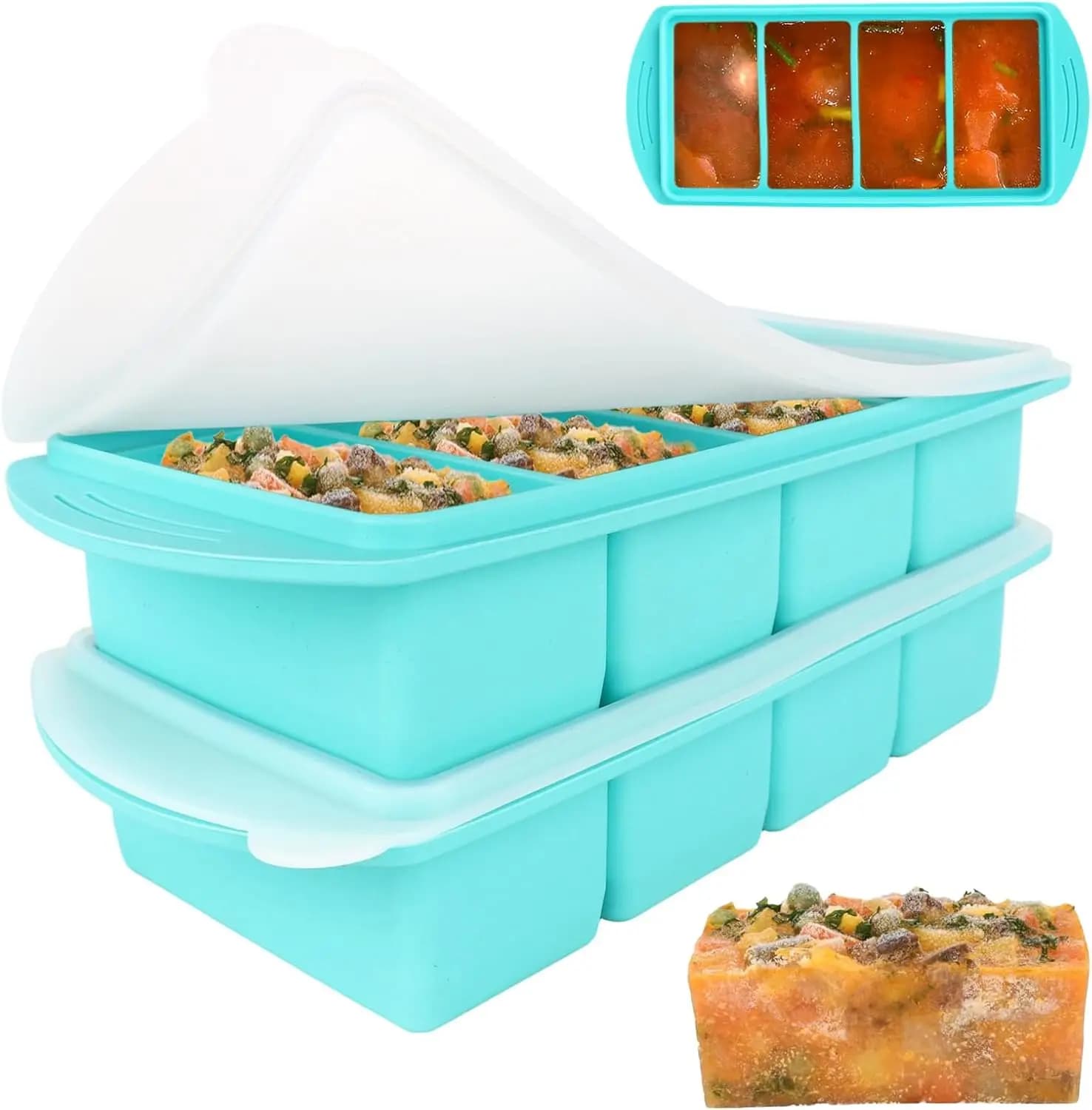 Confezione da 2 Vaschette in Silicone per Zuppa, Contenitori per Congelatore da 1000ML con Coperchio, 4 Scomparti, Vaschetta per Congelatore per Preparazione Pasti, Zuppe, Salse