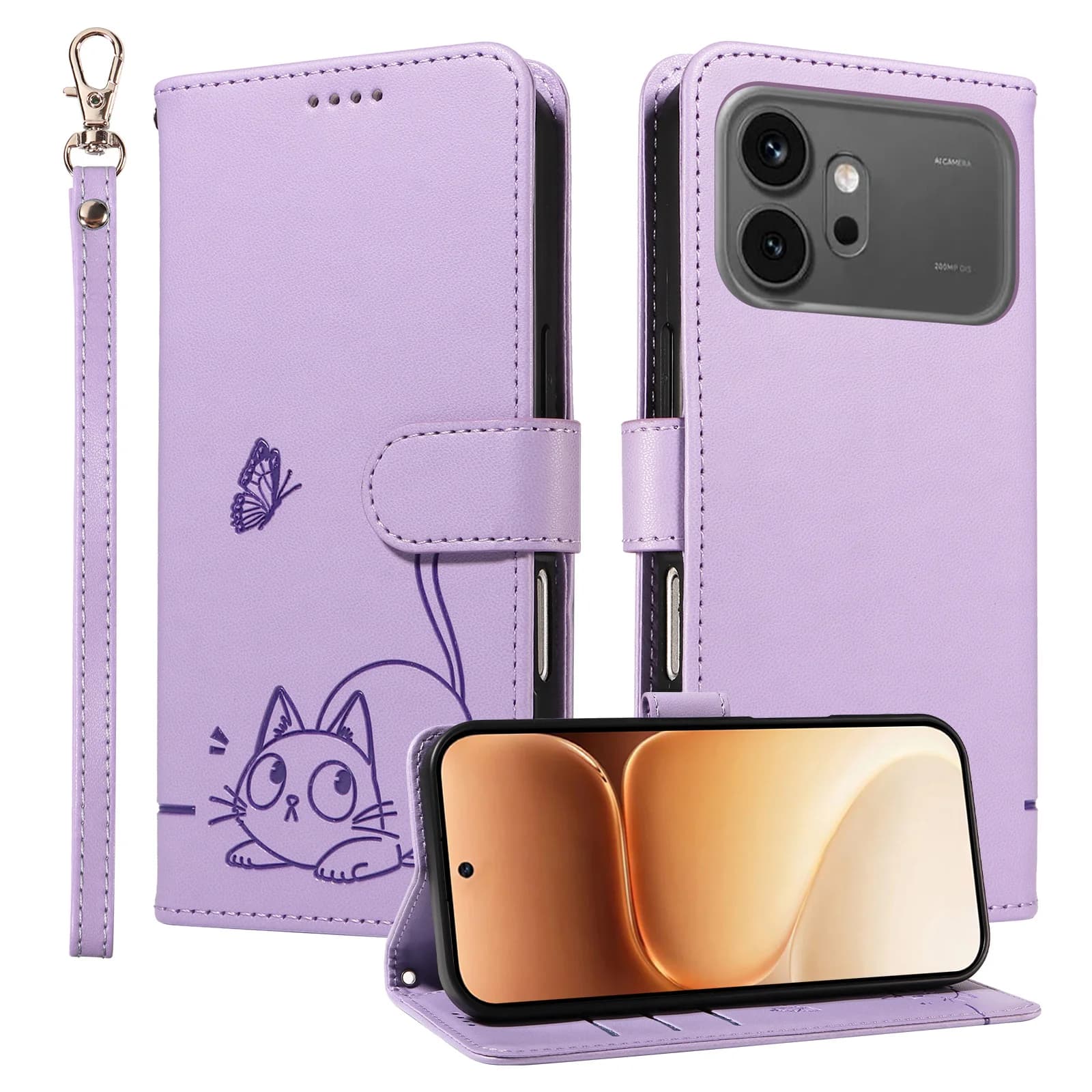 Leather Wallet Flip Case for Honor Magic 8 7 6 X5C X6D X6C X70 X8D X9C X9D 600 Pro Lite | Cat & Butterfly Embossed Design