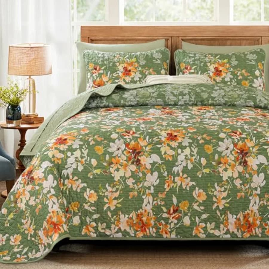 Set Copriletto Floreale con Motivi Botanici, Set di 3 Pezzi in Morbida Microfibra Leggera, Copriletto Trapuntato per Tutti
