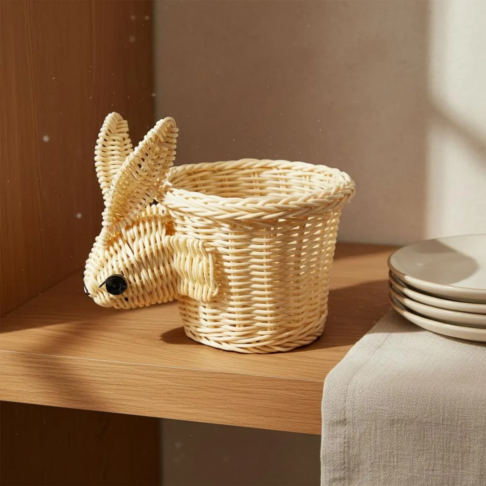 Cesto Decorativo a Forma di Coniglio in Rattan Sintetico, Contenitore in Vimini Facile da Pulire per Feste