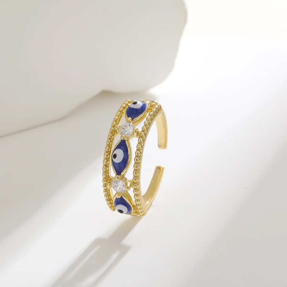 Anello Vintage Occhio di Allah da Donna in Rame con Zirconi Intarsiati e Smalto, Regolabile e Aperto