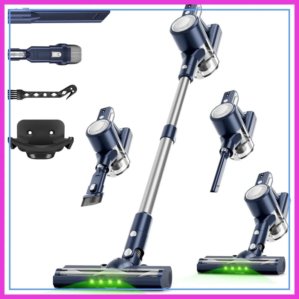 Aspirapolvere Senza Fili 30KPa di Potenza, Anti-Groviglio, per Peli di Animali Domestici, Ricaricabile, 6-in-1 con Luce LED Verde per Tappeti e Pavimenti Duri