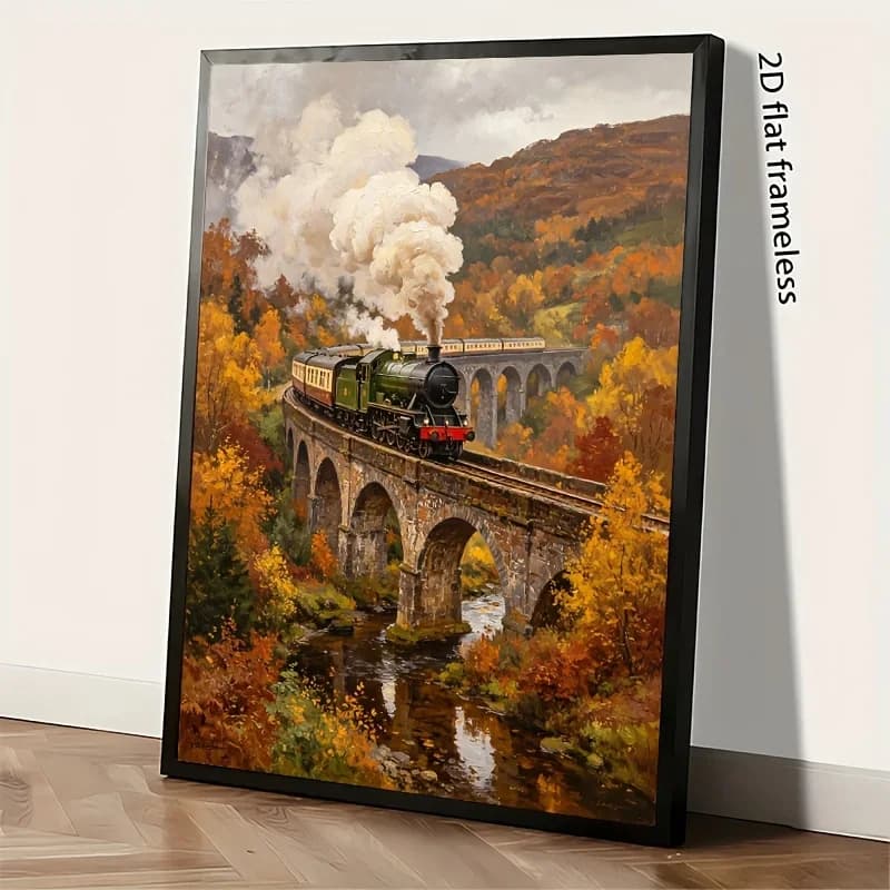 Professional Art Use 2D Flat, 1 Set of Adult DIY Paint by Numbers Kit, "Autumn Train Crossing the Bridge" Includes Acrylic Paint
