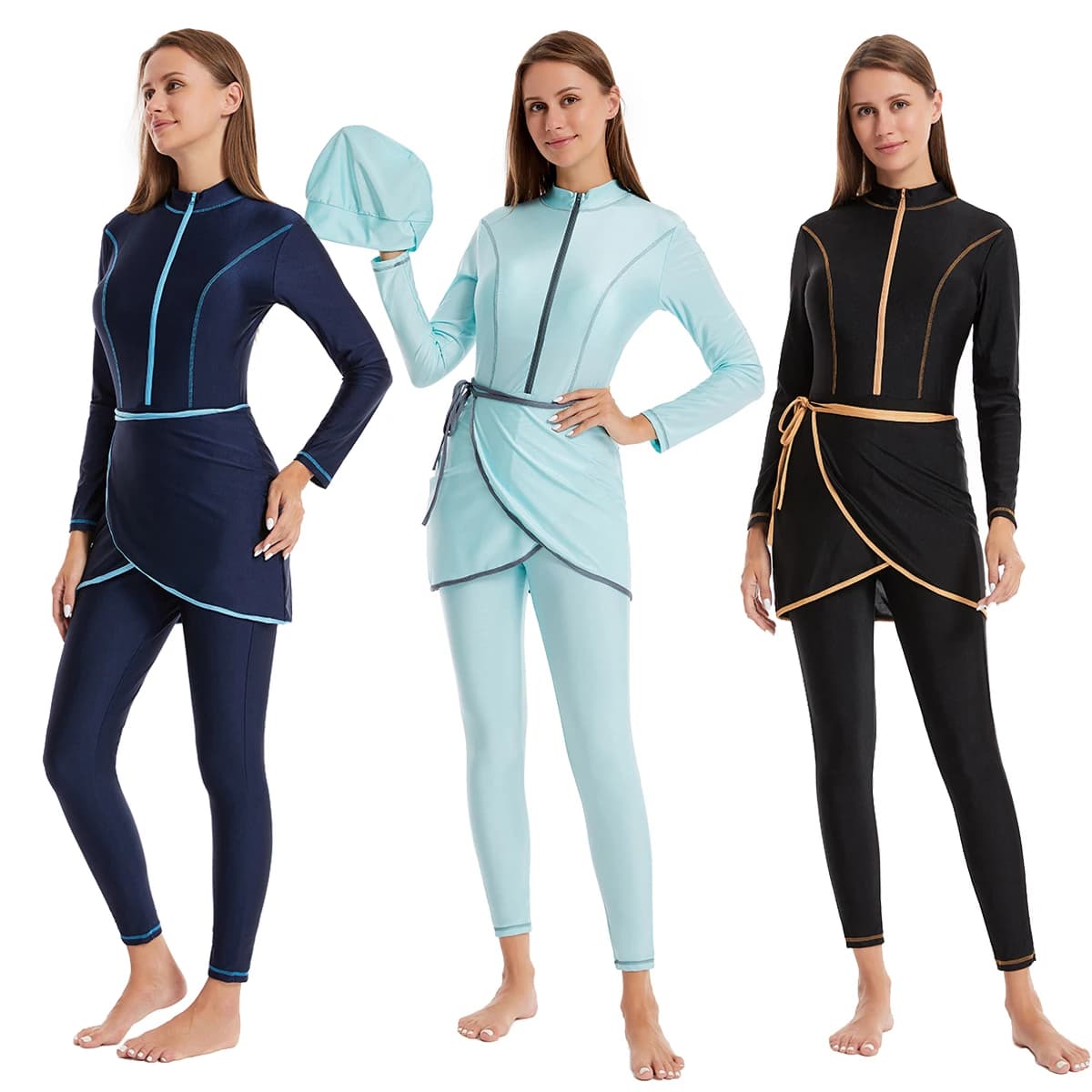 H1030 Muslim swimsuit for Women, Set 3 Pieces with Cover Total, Long sleeves, Matching Colors, skirt and hat
