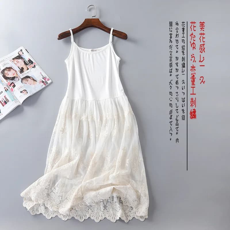 Japanese Sweet Mori Girl Mesh Lace Stitchcing Spaghetti Strap Dress Women Summer O-Neck Sleeveless A-Line Tank Dress Sundress