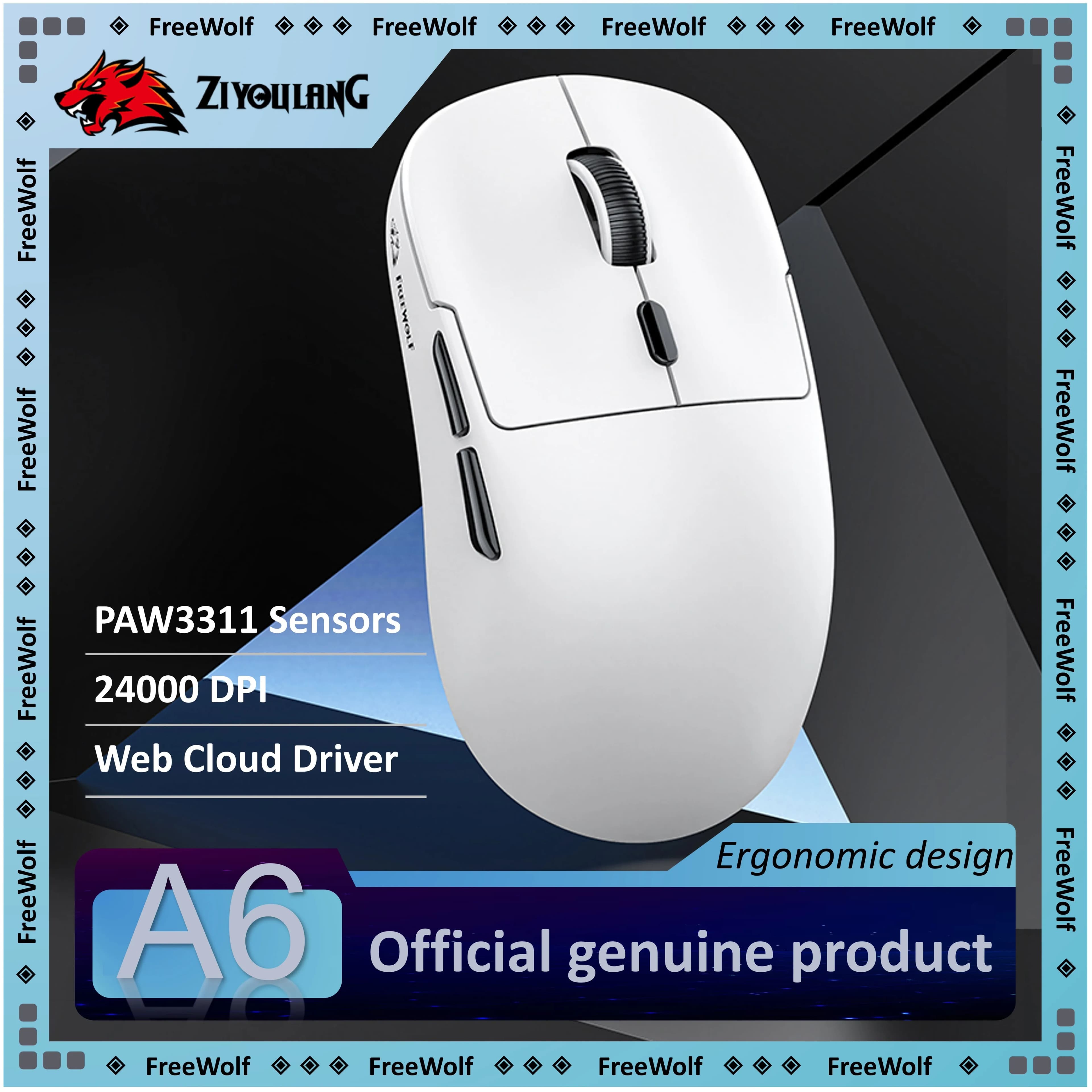 FREEWOLF A6 Wireless Bluetooth Ultra-Lightweight Gaming Mouse PAW3311 Sensor, 24000DPI, RGB, PC/Laptop Compatible