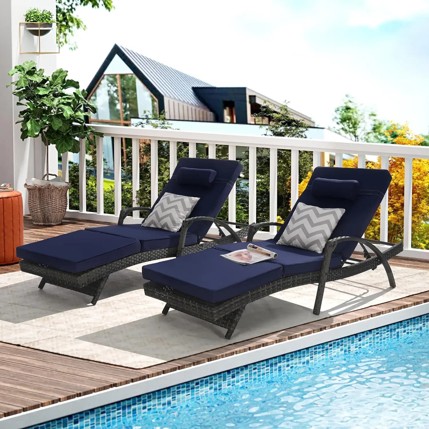 Set di Chaise Longue Reclinabili Regolabili con 2 Cuscini in Rattan, per Spiaggia, Piscina, Giardino, Arredamento da Esterno Personalizzato