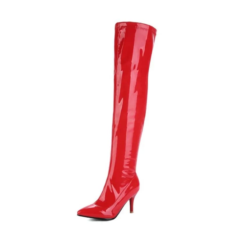 Stivali alti al ginocchio Rosso Bianco Nero Moda OverKnees Boot Pelle verniciata Tacco sottile 8,5 cm Zip Nightclub Dance Lady Shoes Big Size 46
