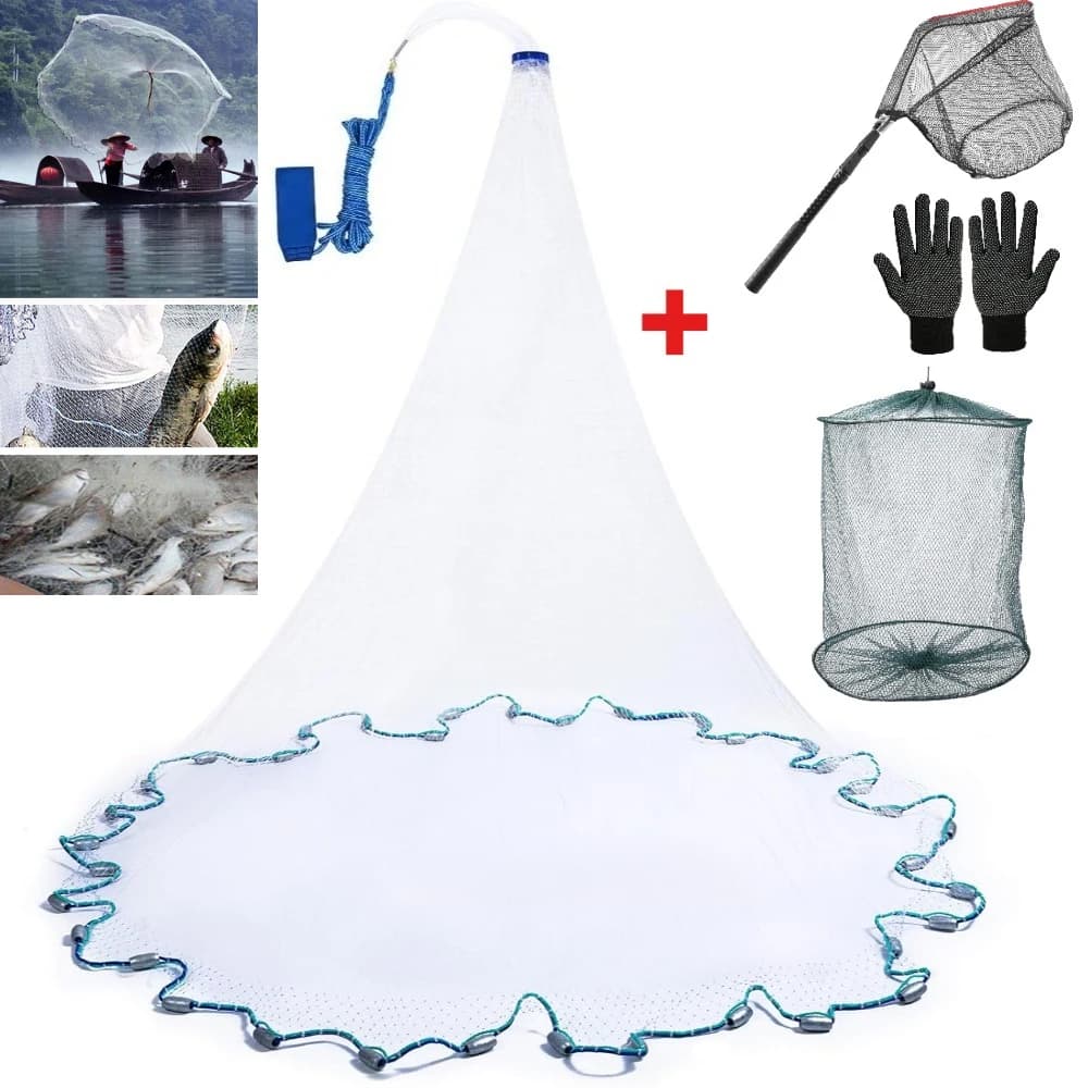 Saltwater American Fishing Cast Net for Bait Trap Fish with Sinkers Throw Net 3ft-10ft Radius Casting Net with Hand Net & Gloves