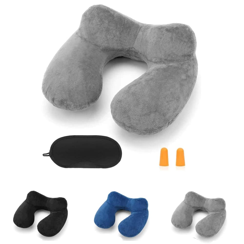 Inflatable travel cushion with soft velvet lining and bag for transportation, neck support for airplane, car, office and adult sleep