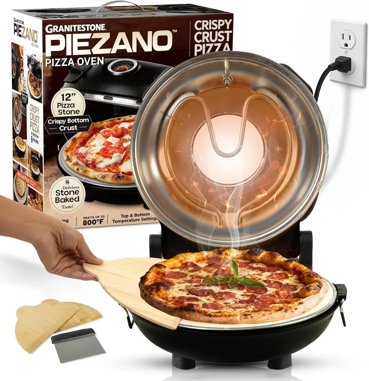 Forno Elettrico per Pizza da Interno da 12 Pollici con Pietra in Ceramica - Riscaldamento fino a 800 Gradi ° Cuoce in meno di 6 minuti, controllo del calore doppio