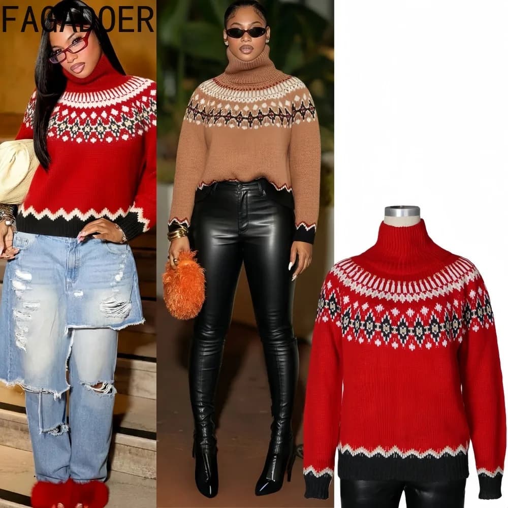 FAGADOER Pullover con stampa modello lavorato a maglia di nuova moda invernale per donna Top a maniche lunghe con collo alto a blocchi di colore streetwear femminile