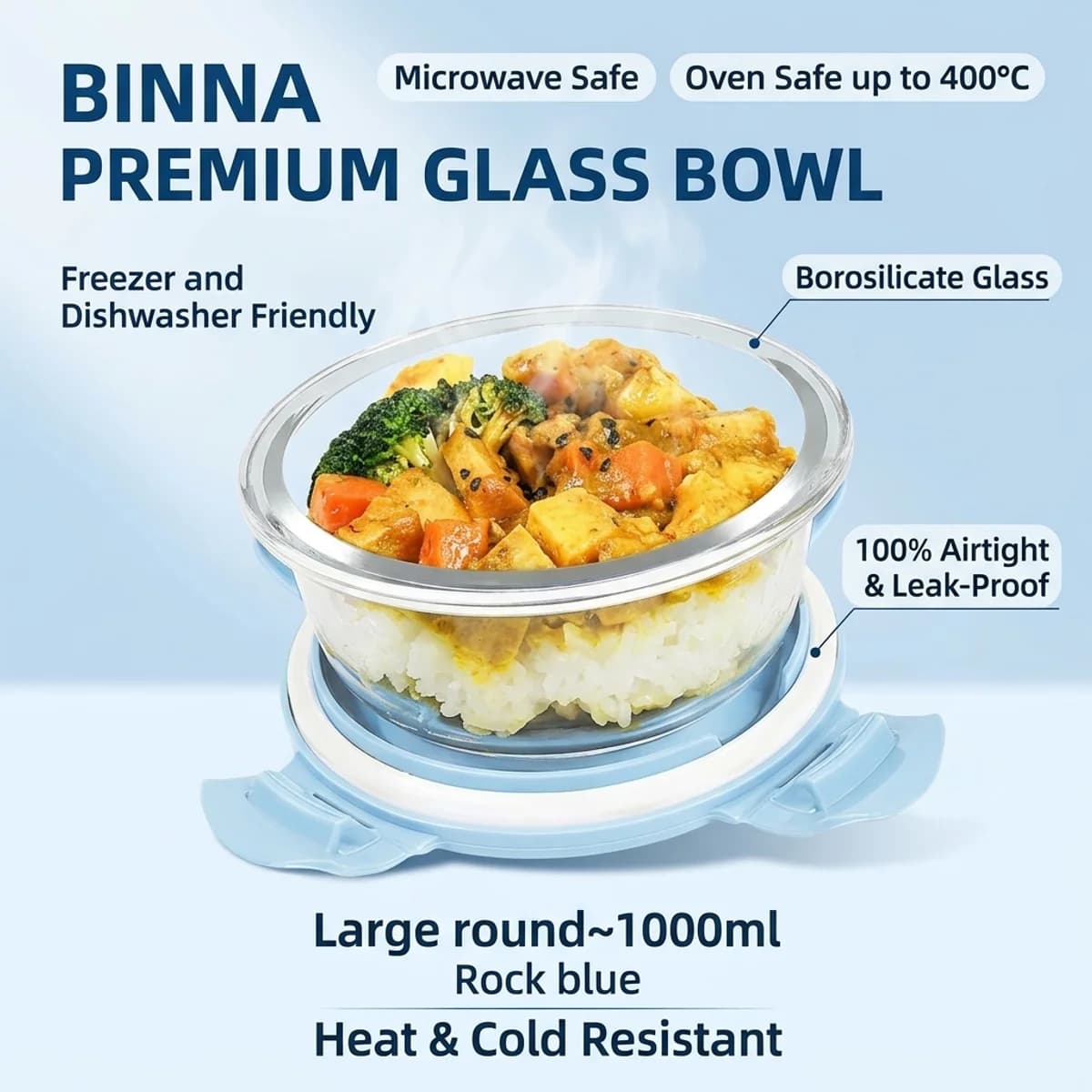 Contenitore in Vetro Blu Scuro da 650ml per Preparazione Pasti, Ermetico, Adatto a Microonde e Frigorifero, Ciotola per Cucina, Ufficio, Scuola e Viaggi