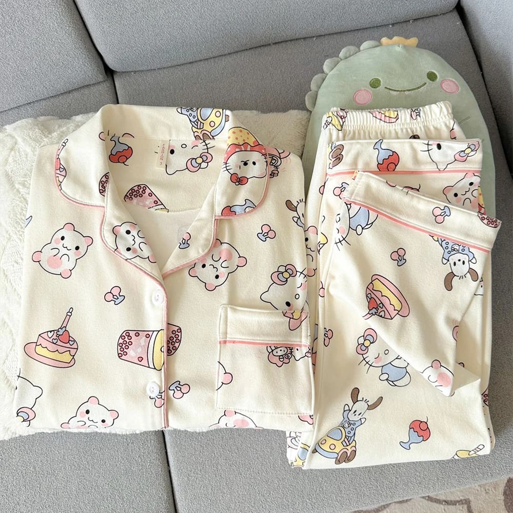 Set Pigiama da Donna Hello Kitty Kawaii, Maniche Lunghe, Caldo in Lana Stampata, Stile Y2K, Moda Casual, Morbido Abbigliamento da Casa, Regalo