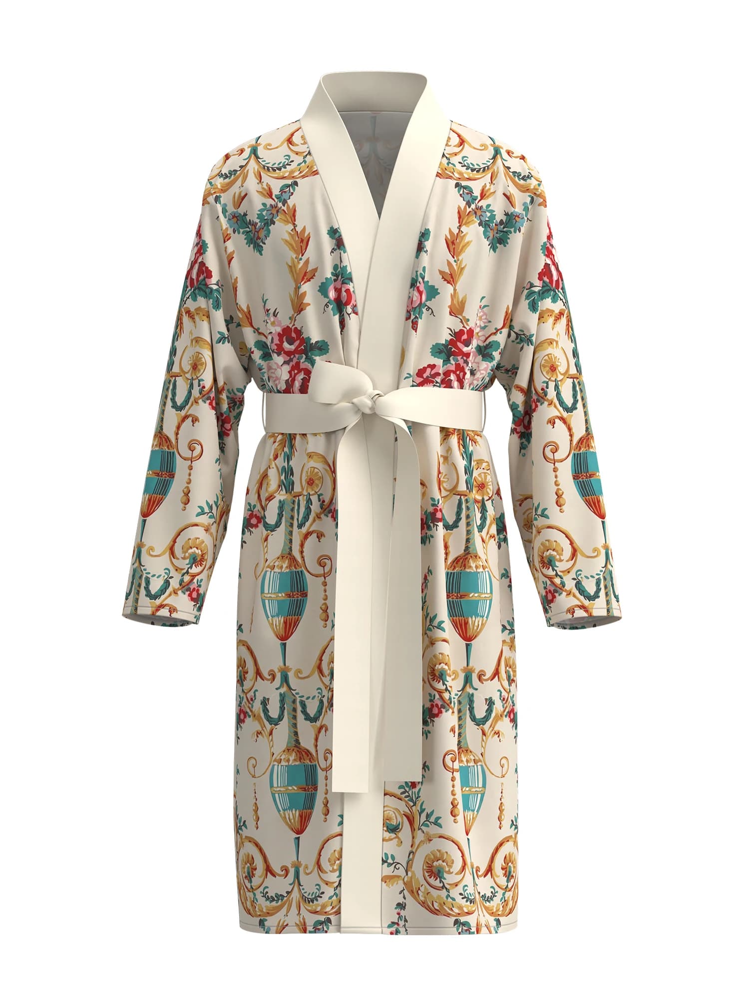 Men's French Retro Baroque Vase Flower Print Kimono Bathrobe European Gorgeous Pattern Long Sleeve Home Clothes Casual Nightgown