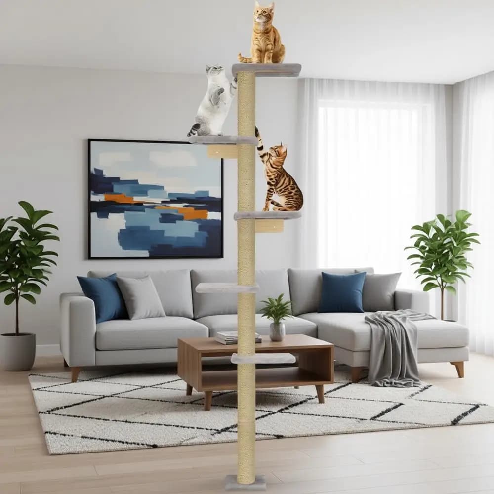 Torre per Gatti a 5 Livelli dal Pavimento al Soffitto, Tiragraffi da Parete da 80 Pollici, Arredamento Salvaspazio per Gatti e Facile da Arrampicarsi