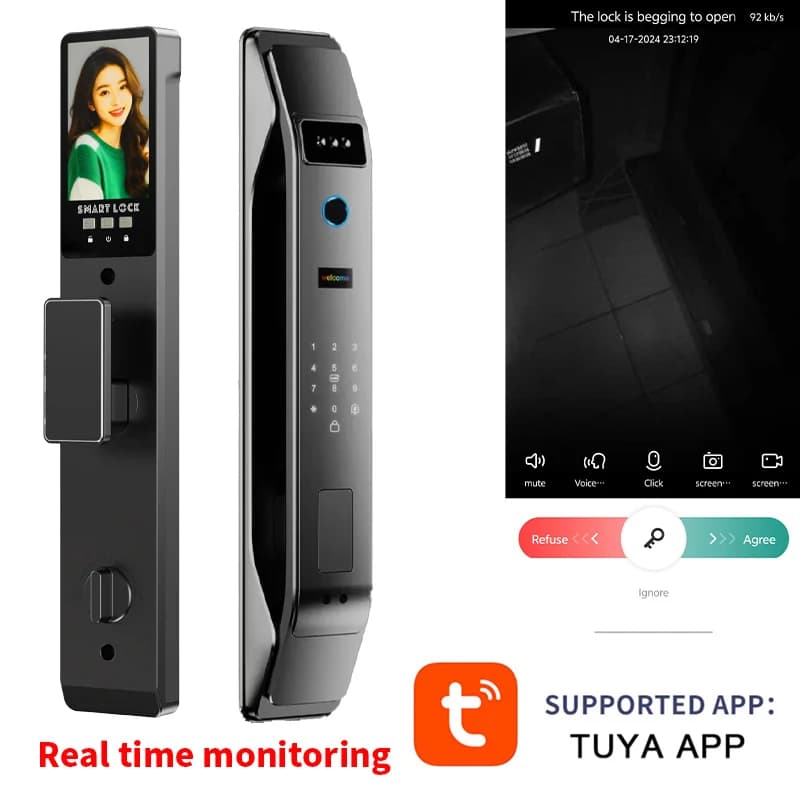 TUYA 3D Facial Recognition WIFI Password Fingerprint Card Portable Visual Doorbell Monitoring Camera Electronic Door Lock