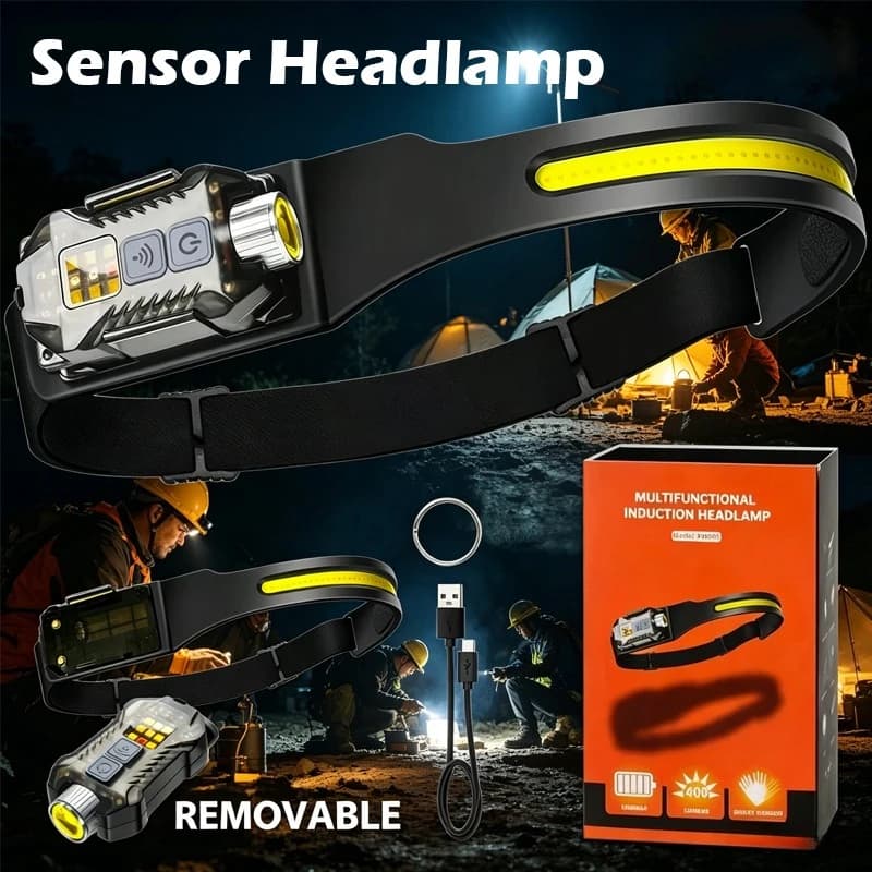 Lampada Frontale LED Ricaricabile USB-C con Sensore, Faro XPE+COB, Torcia da Testa per Campeggio, Pesca e Ricerca