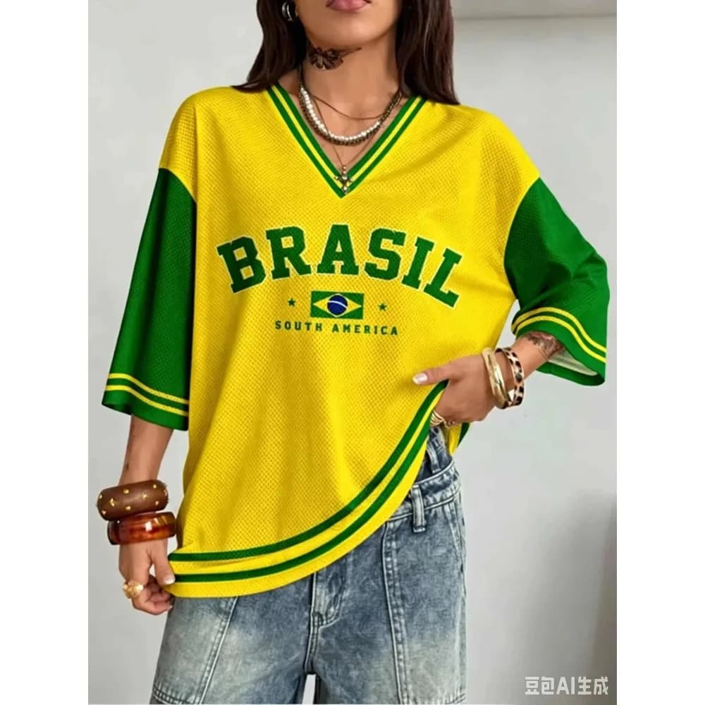 Summer Brazil Style Print Women Men's V-Neck T Shirt Patchwork Short Sleeve Brazilian Tees Football Jersey Y2K Loose Sports Tops