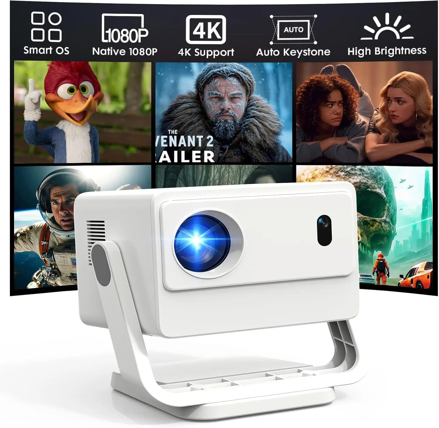Mini Proiettore Intelligente con WiFi 6 e Bluetooth 5.2, Risoluzione Nativa 1080P, Supporto 4K, Correzione Automatica della Distorsione, Portatile per Casa ed Esterni