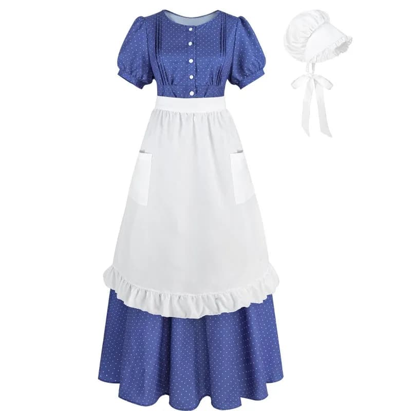 Nuovo Costume Cosplay Medievale, Abito Vintage a Pois, Set Gonna e Grembiule da Cameriera, Outfit per Feste a Tema e Giochi di Ruolo per Donne