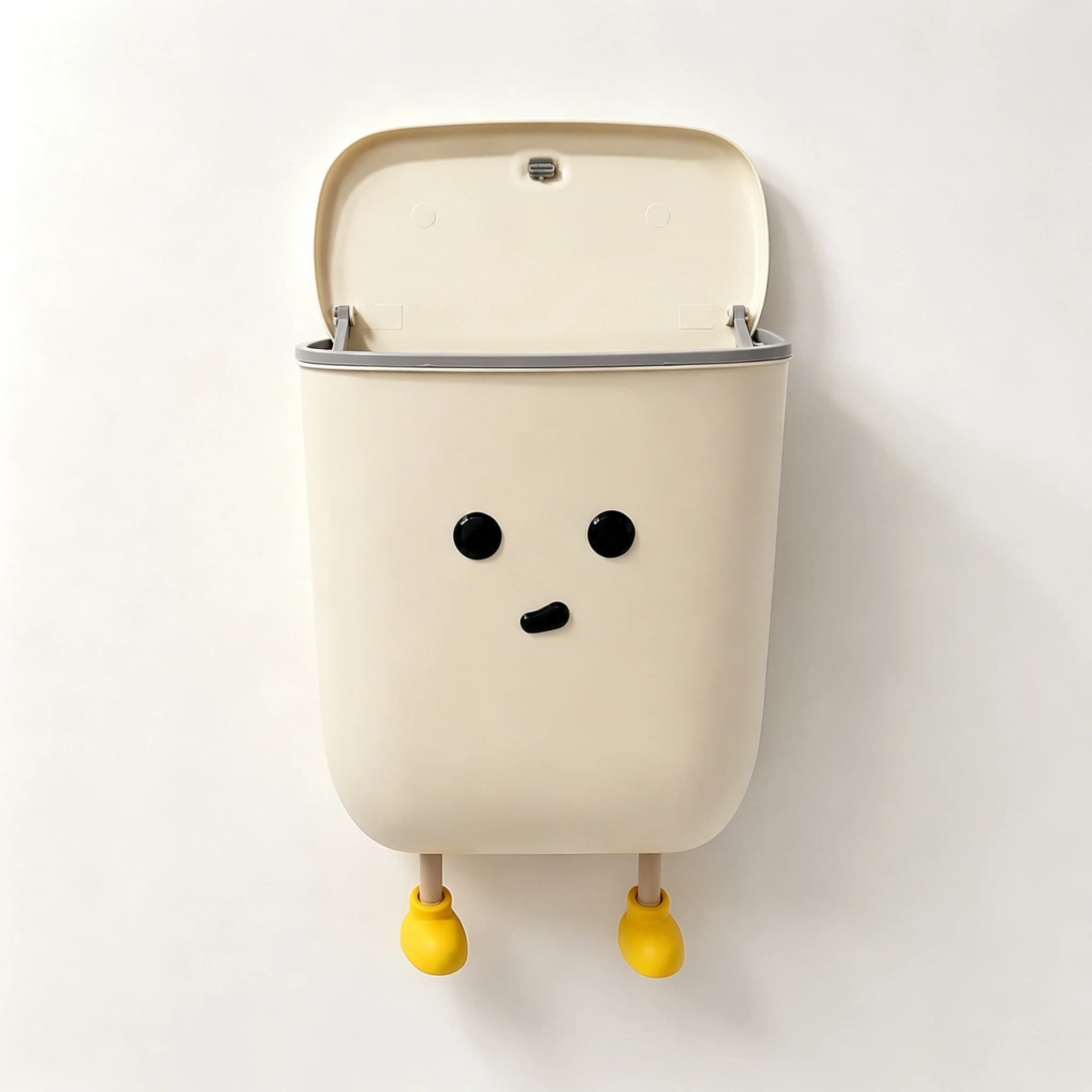 Wall Hanging Trash Bin with Lovely Doodle Face, Lidded Hanging Garbage Can, Punch-Free Wall Mount Waste Basket for Home Dorm