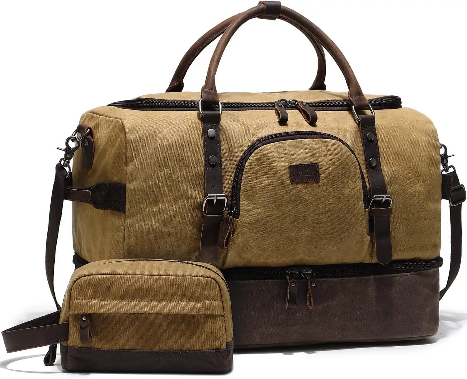 Borsa da Viaggio in Tela e Pelle per Uomo con Scomparto per Scarpe, Grande Borsone da Trasporto per Pernottamento