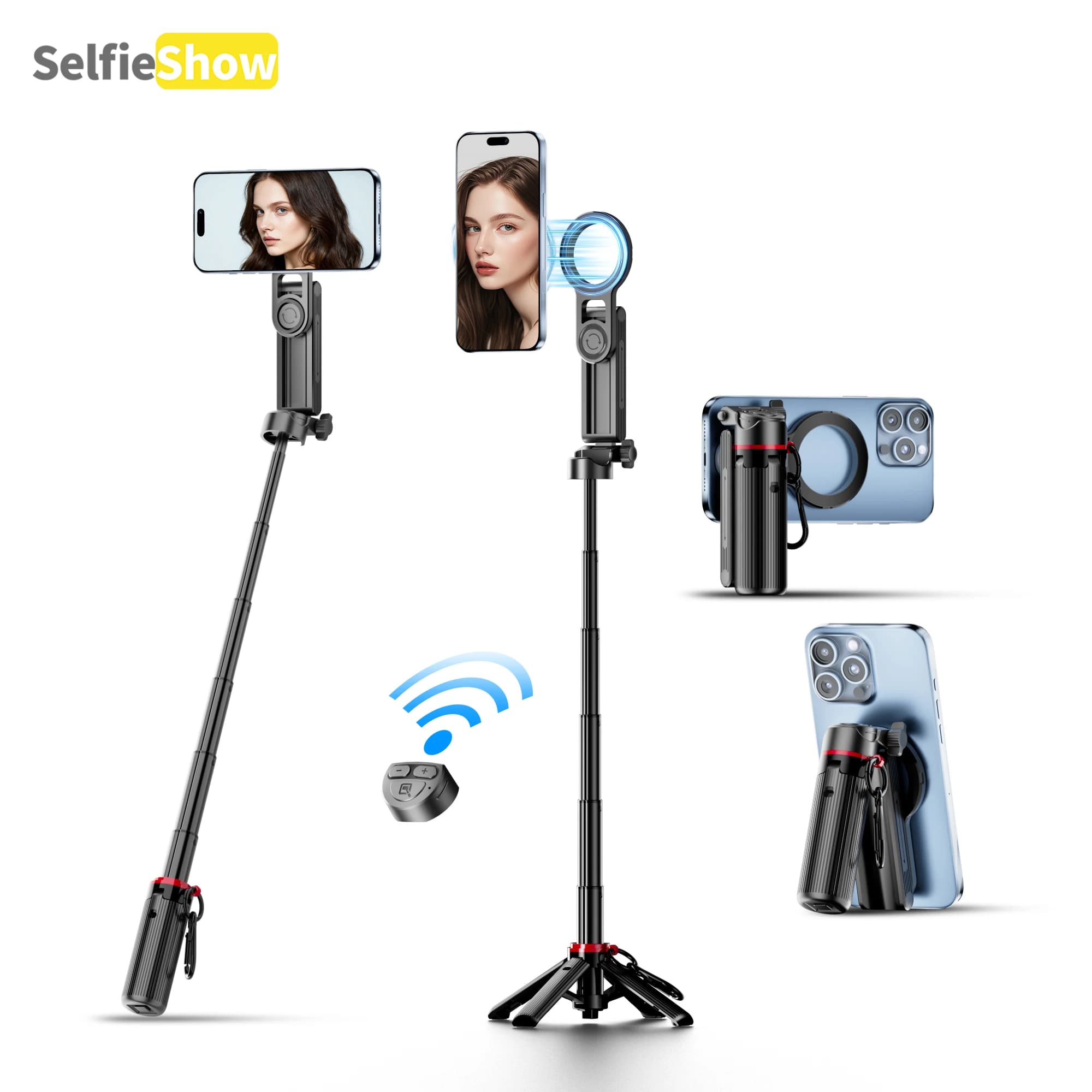 Mini bastone magnetico per selfie con quattro impugnature, apribile a pressione, telecomando Bluetooth staccabile, libera le tue mani.