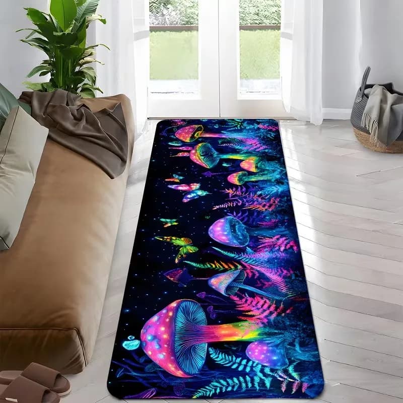 Neon Glowing Mushrooms and Plants Long Floor Mat Soft Non-Slip Carpet for Living Room Bedroom Home Decor Fantasy Themed Rug