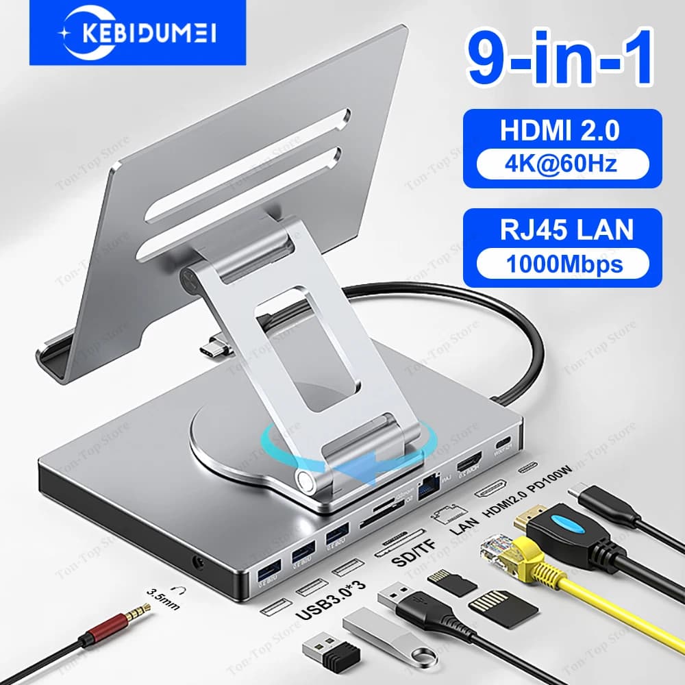 KEBIDUMEI Docking Station per Tablet Girevole 9-in-1, Hub USB C con 3 Porte USB 3.0, HDMI 2.0 4K60Hz, Adattatore Gigabit 1000Mbps per PC e Laptop