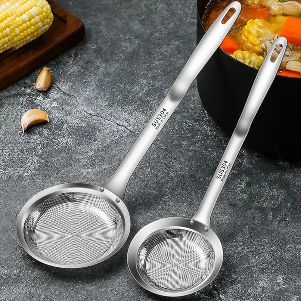 Cucchiaio per schiumatoio grasso in acciaio inossidabile 304 schiuma per grasso a maglia Fine rimozione olio fregs percolatore per pesca colino per rete per alimenti fritti