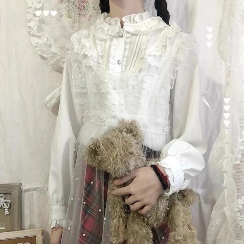 Camicia bianca casual carina stile giapponese Top Camicette Lolita Elegante volant in pizzo Manica lunga Colletto alla coreana Design Abiti da donna