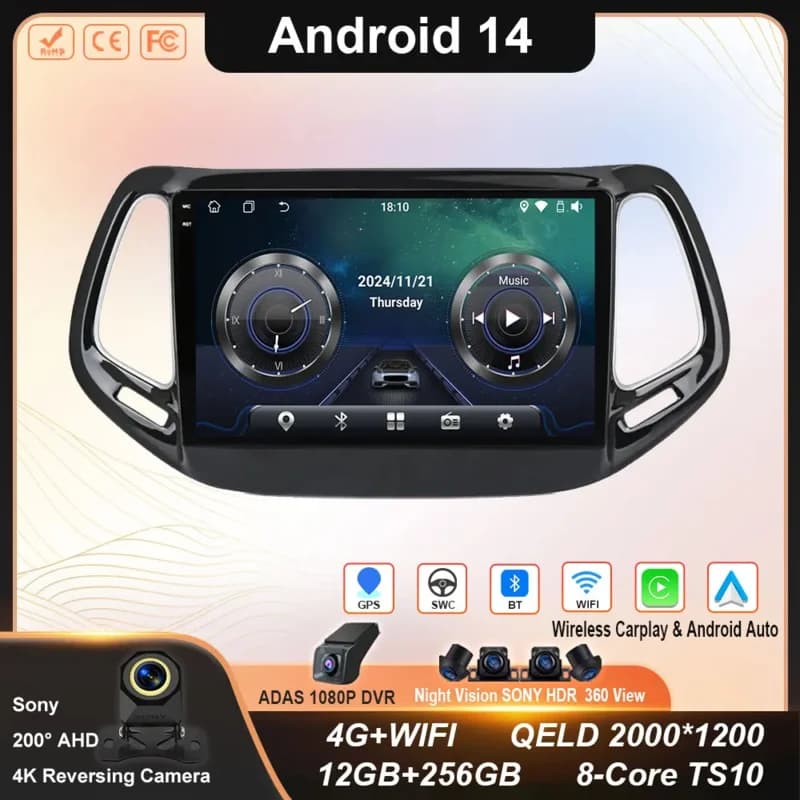 Android 14 Per Jeep Compass 2 MP 2016 2017 2018 2019 Autoradio Stereo Multimediale di Navigazione GPS Auto Radio Lettore Carplay Schermo