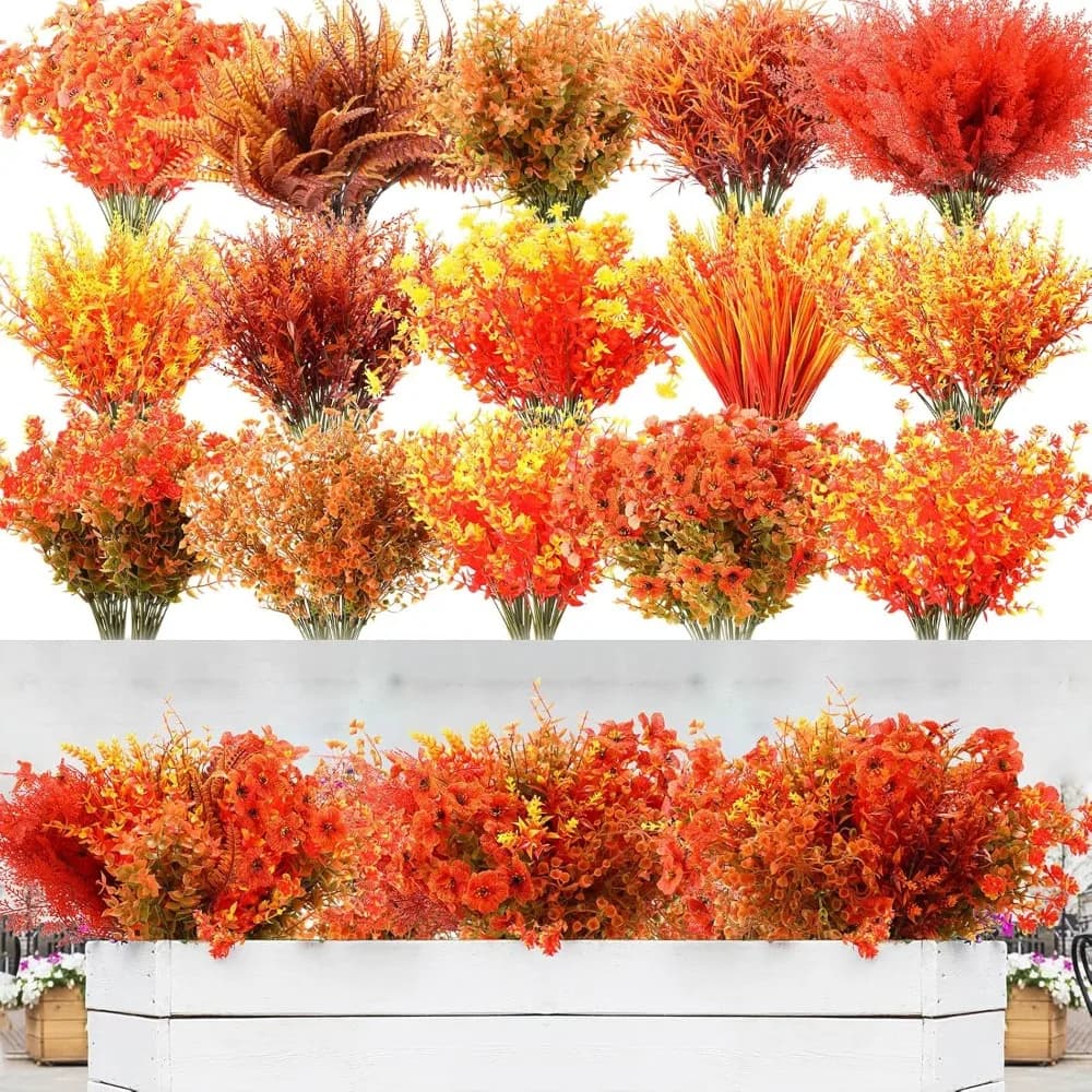 Mimorou 60 bundles of artificial autumn flowers for outdoors resistant to orange UV rays plants fake green flowers in fake plastic