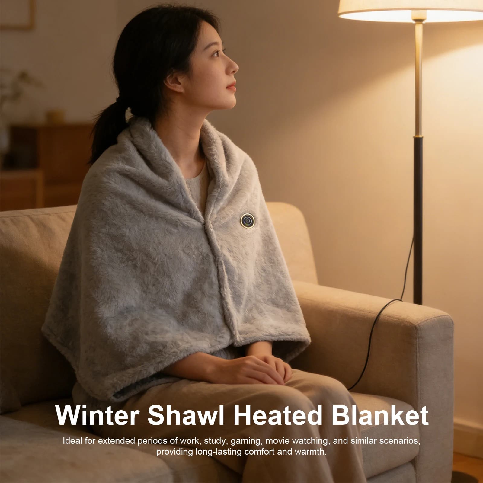 Poncho/Coperta Elettrica Riscaldata USB con Cappuccio e 3 Livelli di Calore, Lavabile per Interni ed Esterni