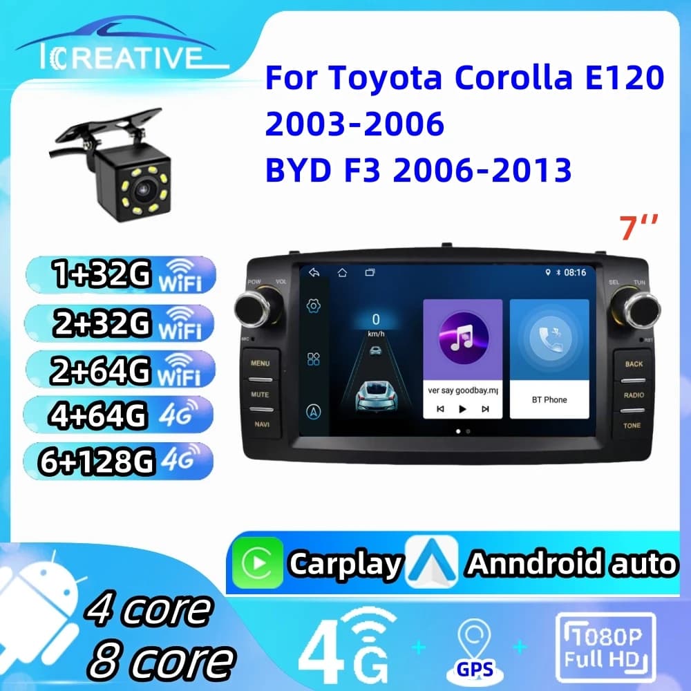 Autoradio Android Per Toyota Corolla E120 2003-2006 BYD F3 Carplay Multimedia 7 ''Riprotore 2Din Autoaudio Unità Principale di Navigazione GPS